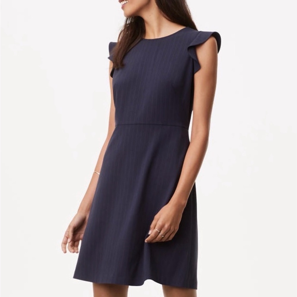 LOFT Navy Pinstripe Flutter Dress Cap-Sleeve